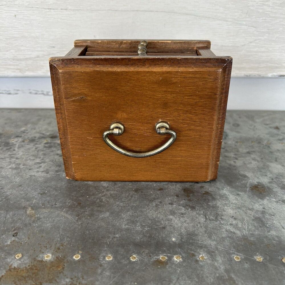 Vintage Wood & Cork Coasters 70's Set of 6 Wooden Box Holder Drawer Cottagecore